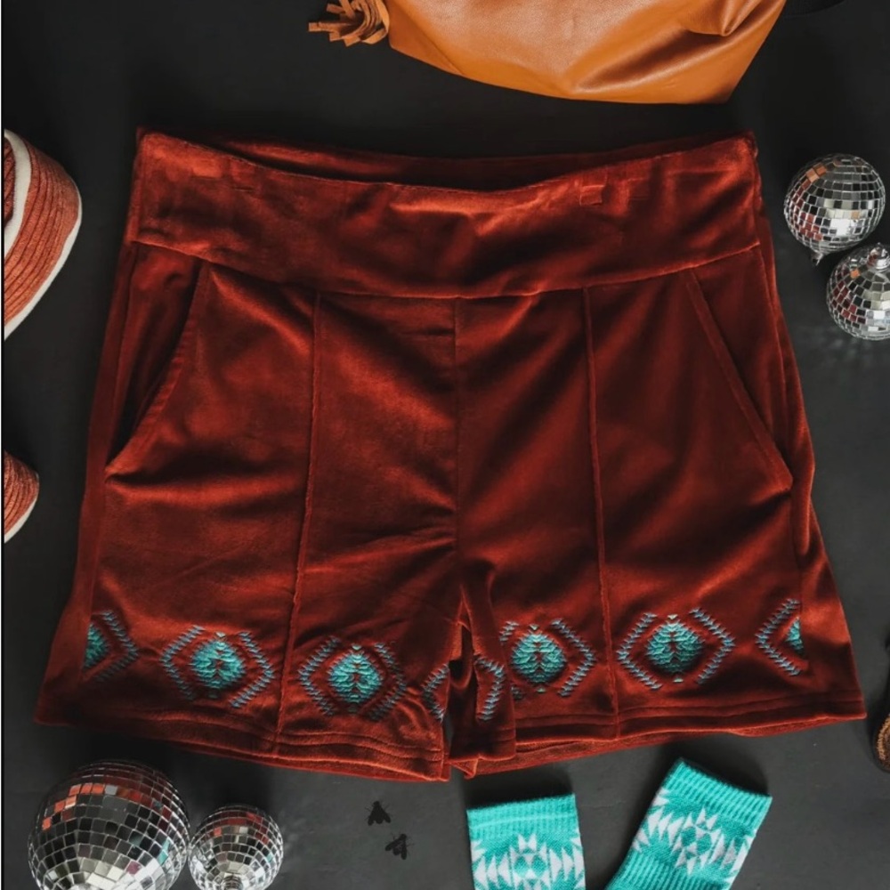 Women’s Rust Velvet Embroidered Shorts